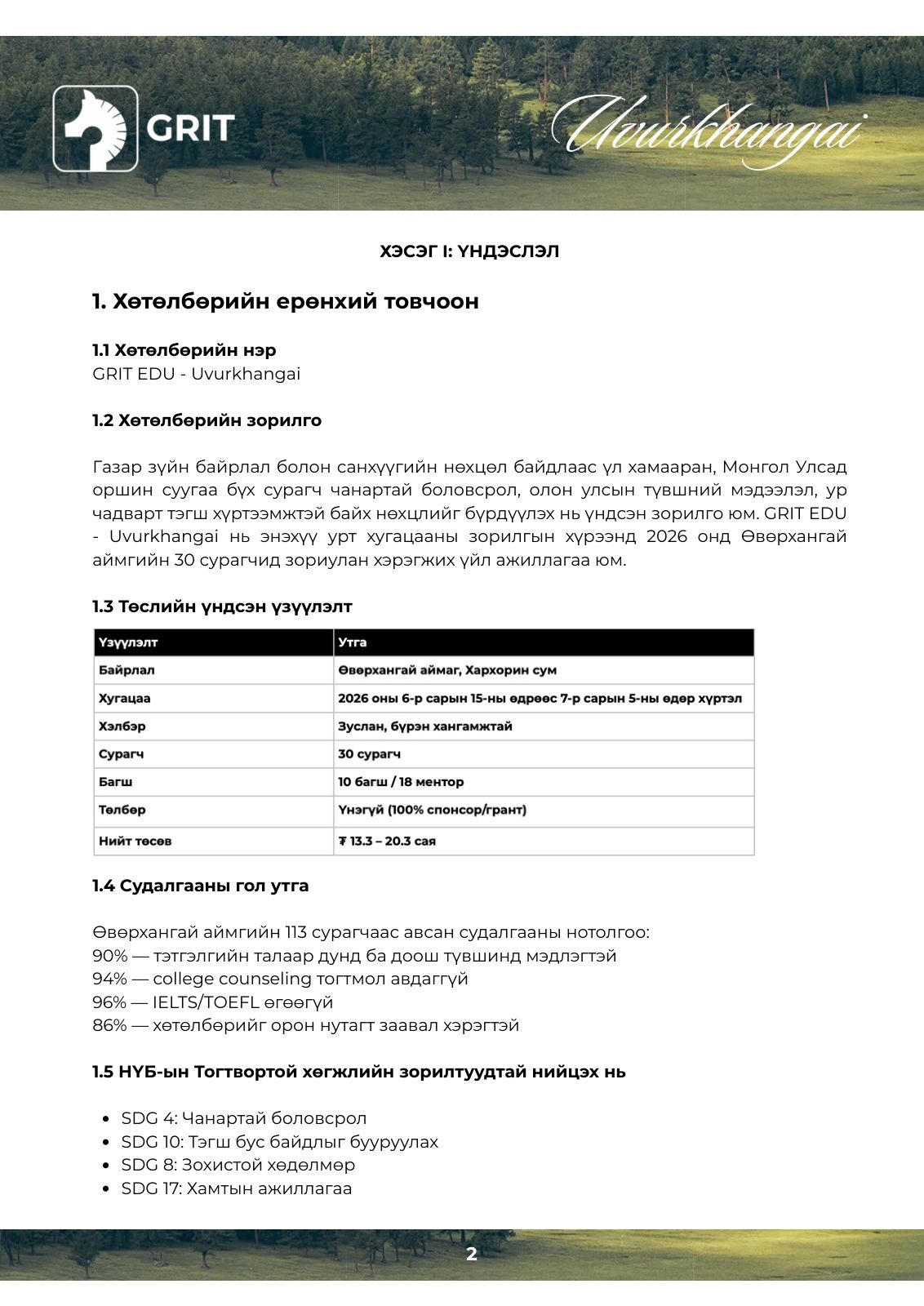 GRIT EDU Uvurkhangai program plan, page 3 of 22